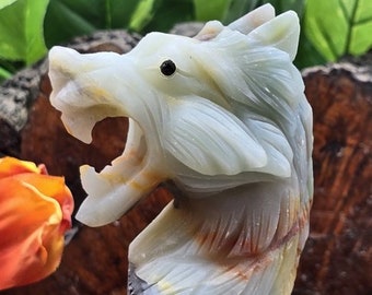 Hand Carved Howling Wolf Quartz Crystal Sculpture