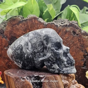 May include: A black and white skull carved from stone. The skull is detailed with intricate patterns and textures.
