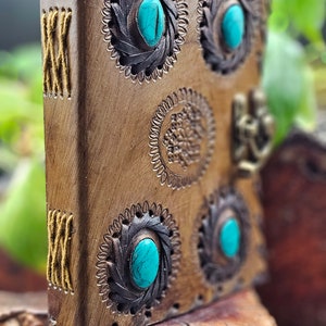 Hand Tooled Leather Journal: Turquoise Stone, Linen Paper (5x7)