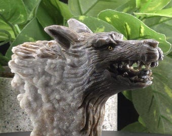 Hand Carved Sphalerite Howling Wolf Bust: Metaphysical Spirit Animal Sculpture