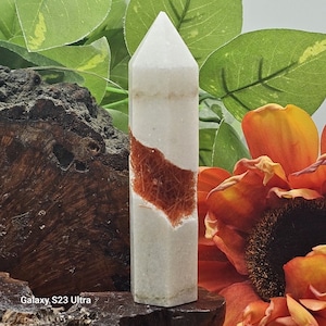 May include: White crystal point with a red and orange inclusion. The crystal is sitting on a piece of wood with green leaves and orange flowers in the background.