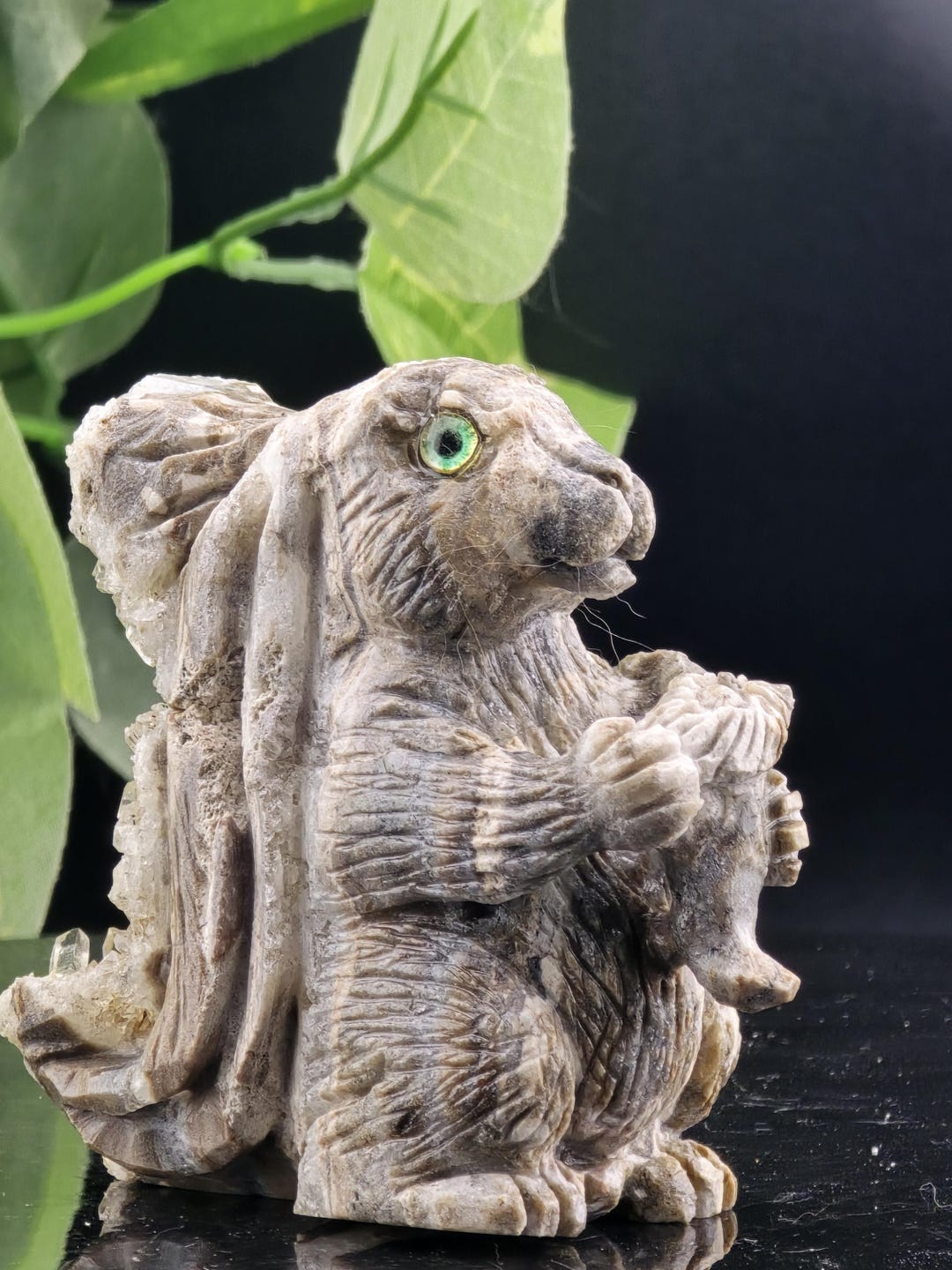 Hand Carved Bunny Sculpture | Stone Rabbit With Quartz Crystals | One ...