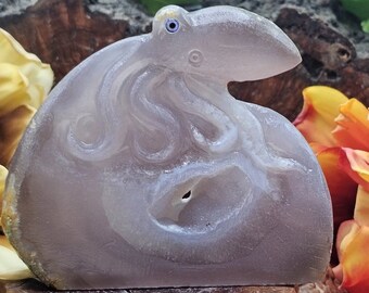 Rare Stunning Handcrafted Octopus Stone Sculpture with Druzy . One of a Kind. Natural agate Quartz Mineral Specimen .