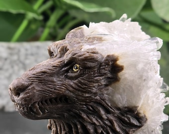Hand Carved Howling Wolf Quartz Crystal Cluster Sculpture