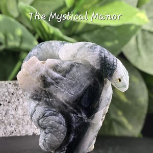 Hand-Carved Aquatic Agate Snake with Druzy | Crystal Snake Figurine | Unique Reptile Gift | Healing Stone Decor | Crystal Collector Piece