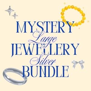 May include: An image with the text "MYSTERY Large JEWELLERY Silver BUNDLE" in blue script. The image includes a silver ring, a yellow beaded bracelet, and two star-shaped diamond earrings. A white bow is also included.