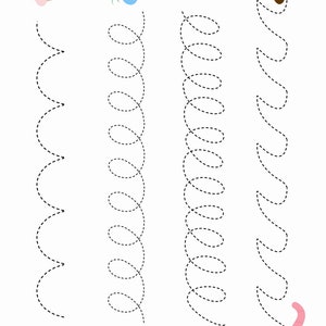 K&ouml;nnte beinhalten: Ein Arbeitsblatt f&uuml;r Kinder, um das Nachzeichnen von Linien zu &uuml;ben. Das Arbeitsblatt zeigt vier verschiedene gepunktete Linien zum Nachzeichnen, jede mit einem anderen Bild oben und unten. Die Bilder beinhalten einen Cupcake, einen Spross, eine Erdbeere und einen Erdhaufen. Die Bilder unten beinhalten einen Schmetterling, eine Libelle, eine Fliege und einen Wurm.