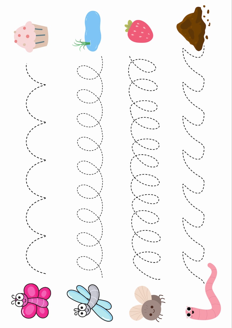 K&ouml;nnte beinhalten: Ein Arbeitsblatt f&uuml;r Kinder, um das Nachzeichnen von Linien zu &uuml;ben. Das Arbeitsblatt zeigt vier verschiedene gepunktete Linien zum Nachzeichnen, jede mit einem anderen Bild oben und unten. Die Bilder beinhalten einen Cupcake, einen Spross, eine Erdbeere und einen Erdhaufen. Die Bilder unten beinhalten einen Schmetterling, eine Libelle, eine Fliege und einen Wurm.