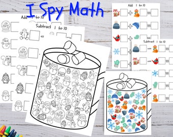 Winter I spy, Count and color, math coloring pages, homeschool printable, kindergarten math practice, math I Spy, coloring I Spy