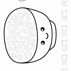 May include: Black and white line drawing of a bowl of alphabet cereal with a smiling face. A spoon is above the bowl. To the right are boxes labeled A through F, likely for a matching activity.