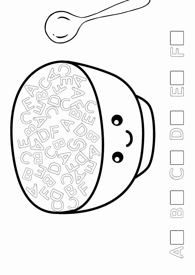 May include: Black and white line drawing of a bowl of alphabet cereal with a smiling face. A spoon is above the bowl. To the right are boxes labeled A through F, likely for a matching activity.