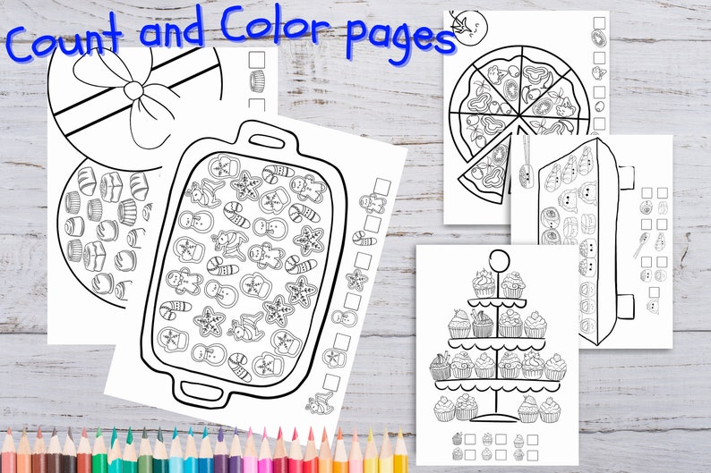 May include: Black and white printable coloring pages with the text "Count and Color pages". The pages feature illustrations of a gift box, cookies, gingerbread men, pizza, and cupcakes. Each page has a counting activity.