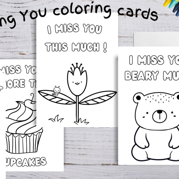 Miss you coloring cards printable, kids coloring cards, color your own cards, missing you instant download, thinking of you card