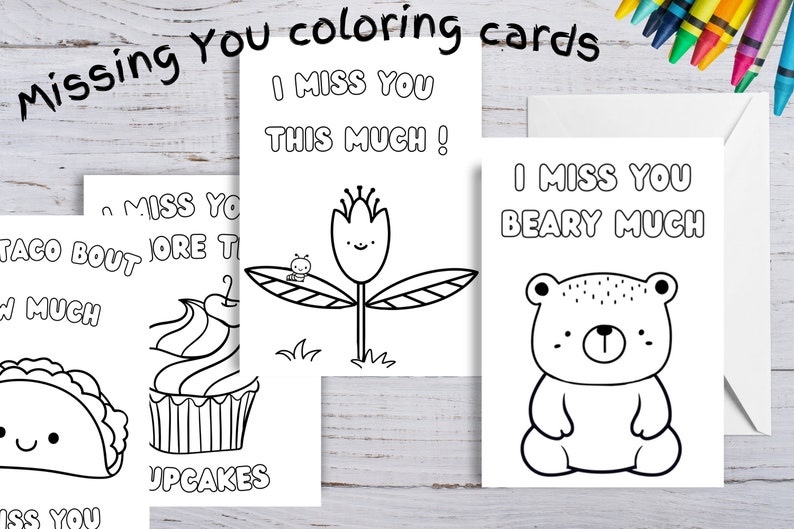 Miss You Coloring Cards Printable, Kids Coloring Cards, Color Your Own Cards, Missing You ...