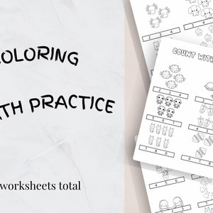 May include: Five black and white printable worksheets for kids to practice counting and coloring. The worksheets feature various cute cartoon animals and objects. The title of the worksheets is "COUNT WITH ME" and "COLORING MATH PRACTICE".