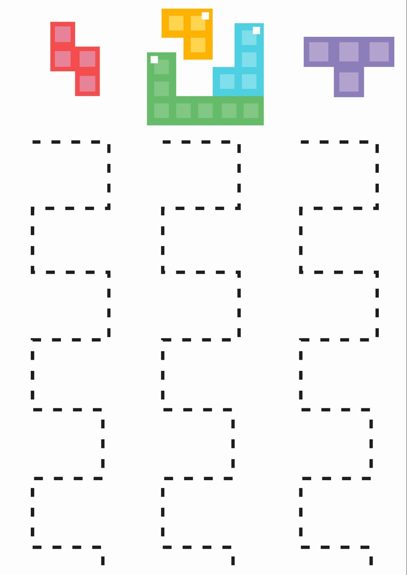 K&ouml;nnte beinhalten: Ein Satz von vier Tetris-f&ouml;rmigen Bl&ouml;cken in verschiedenen Farben: Rot, Gr&uuml;n, Blau und Lila. Die Bl&ouml;cke sind in einer Reihe angeordnet, wobei der rote Block links, der gr&uuml;ne Block in der Mitte und die blauen und lila Bl&ouml;cke rechts liegen. Die Bl&ouml;cke sind schwarz umrandet und haben eine gestrichelte Linie um sie herum.