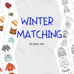 Può includere: Un set di 32 carte di abbinamento a tema invernale stampabili. Le carte presentano illustrazioni di abbigliamento invernale, animali e oggetti festivi. Il testo "WINTER MATCHING 32 pairs set" è stampato sulla pagina.