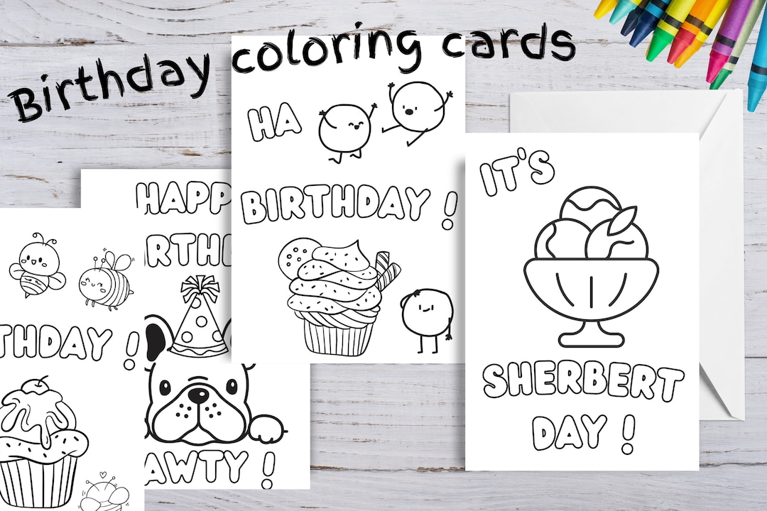 Birthday Coloring Cards Printable, Kids Coloring Cards, Color Your Own Birthday Cards, Instant