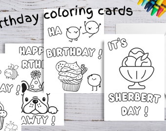 Tarjetas para colorear de cumpleaños imprimibles, tarjetas para colorear para niños, colorea tus propias tarjetas de cumpleaños, cumpleaños de descarga instantánea, tarjetas de felicitación imprimibles