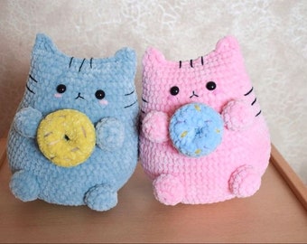 Handmade Cat Squishy Plush with Donut, Crochet Toy, Pusheen Lover Gift