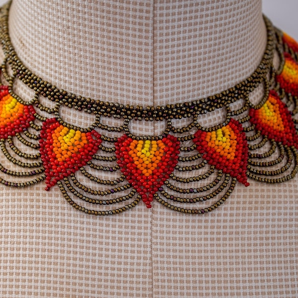 Beaded Necklace Tradicional from Ecuador South America, Indigenous, Unique, Golden Flame/Fuego Dorado