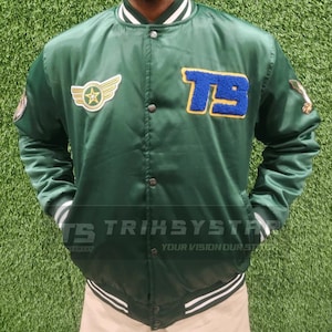 Green Satin Varsity Jacket, Vintage Letterman Jacket, Unisex Street wear Gift, Embroidered Patches, Sublimated Inner Lining, Custom Made