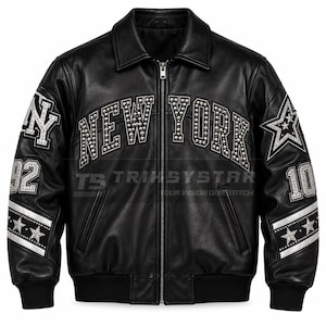 Men’s Genuine Leather Jacket, Studded New York Streetwear Coat, Embroidered Hip Hop Varsity Outerwear, Limited Edition Style, Custom Made