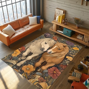 Horse Rug, Animal Rug, Horse Area Rug, Floral Horse Rug, Farmhosue Rug, Horse Carpet, Horse Themed Rug, Horse Patterned Rug, Horse Decor