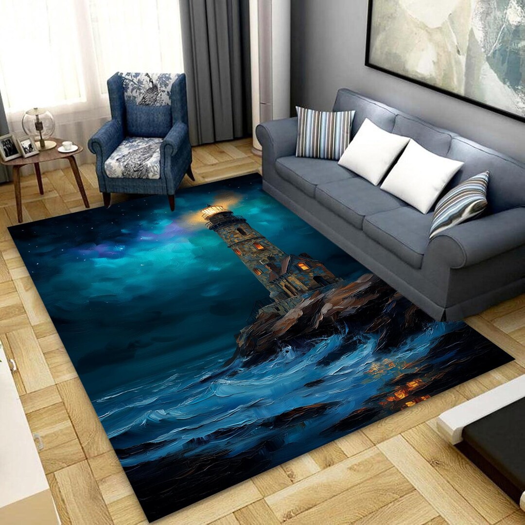 ラグ・カーペット lighthouse Seascape rug blanket Lighthouse Patterned Area Rug, Nautical Seascape Design - Etsy