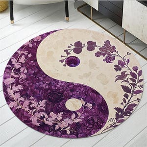 Alfombra Ying Yang, Alfombra de decoración Yin Yang, Alfombra púrpura y beige, Alfombra de diseño de flores, Alfombra con patrón floral, Alfombra con símbolo Yin Yang, Alfombra redonda Yin Yang