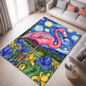 Flamingo Rug, Flamingo Area Rug, The Starry Night Themed Rug, Vincent Van Gogh Rug, Starry Night Decor, Flamingo Patterned Rug, Animal Rug