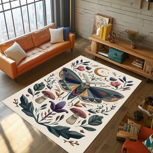 Floral Moth Rug, Moth Area Rug, Floral Butterfly Rug, Flower Rug, Moth Pattern Rug, Minimalist Rug, Floral Area Rug, Luna Moth Decor