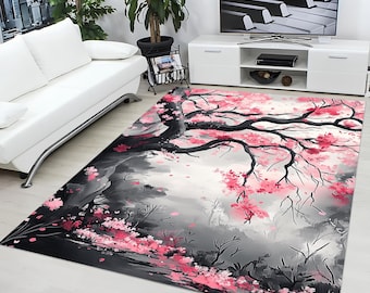 Cherry Blossom Area Rug, Painting Style, Floral Sakura Tree