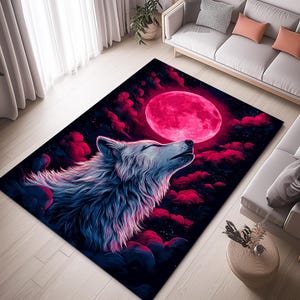 Wolf Patterned Rug, Full Moon Rug, Wolf Area Rug, Wolf Themed Rug, Wolf Design Rug, Animal Rug, Wolf Rug, Wolf and Full Moon Rug