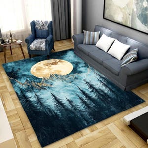 Moon Landscape Rug, Full Moon Rug, Moon Rug, Moon Design Rug, Nature Rug, Moon View Rug, Mountain Rug, Tree Rug, Landscape Rug, Modern Rug