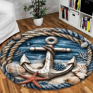 Sea Anchor Rug, Sailor Rug, Sea Themed Round Rug, Anchor Pattern Rug, Round Anchor Rug, Nautical Decor Rug, Seashell Rug, Sea Area Rug
