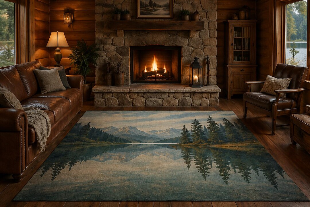 Rustic Mountain Lake Landscape Area Rug, Cabin Lodge Decor, Wilderness ...