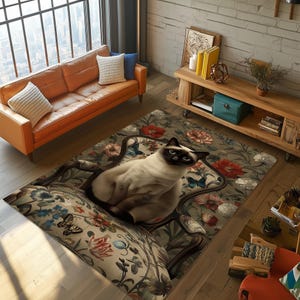 Siamese Cat Rug, Floral Cat Rug, Cat Area Rug, Cat Decor, Dark Academia Rug, Cat Themed Rug, Dark Academia Decor, Dark Aesthetic Rug