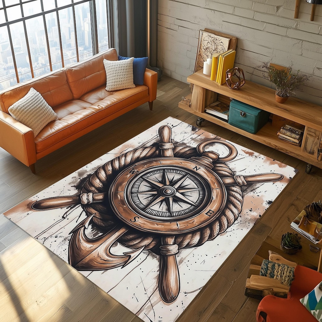 Vintage Nautical Compass Rug, Maritime Anchor, Ship Wheel Design - Etsy