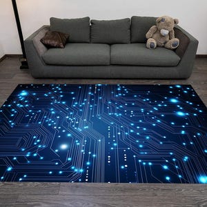 Alfombra con placa base, alfombra con circuito electrónico, alfombra con temática electrónica, alfombra abstracta azul, alfombra con tecnología global, alfombra abstracta