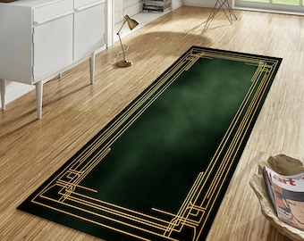 Art Deco Style Runner Rug, Gold & Green