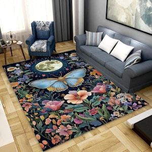 Luna Moth Area Rug, Floral Luna Moth Rug, Floral Rug, Luna Moth Rug, Butterfly Decor, Flower Rug, Floral Butterfly Rug, Floral Moon Rug