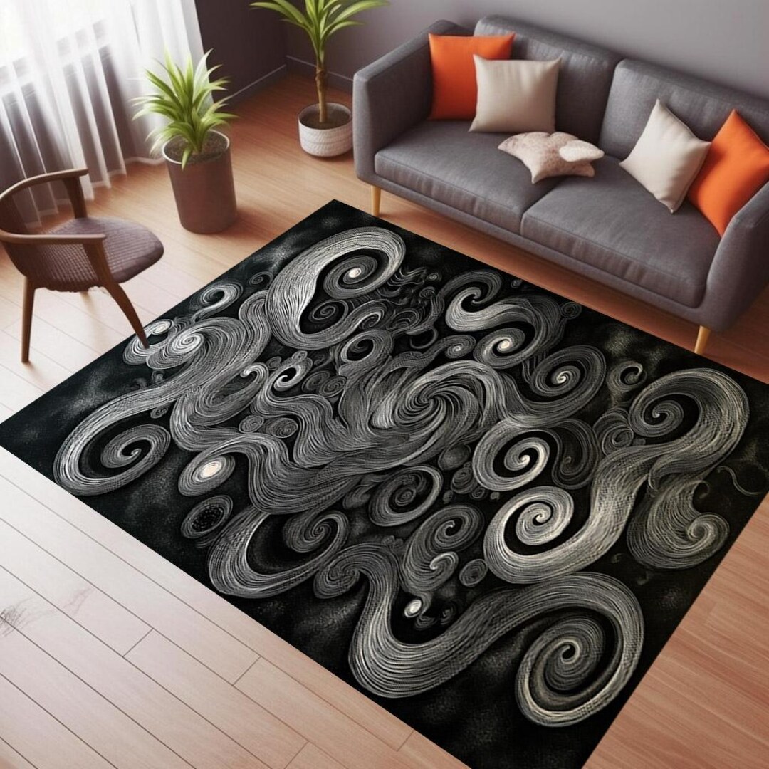 Curly Pattern Rug, Black and White Vortex Rug, Abstract Decor Rug ...