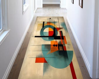 Mid Century Modern Runner Rug, Abstract Geometric Pattern