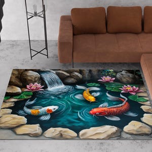 Koi Fish Rug, Koi Fish Themed Rug, Fish Rug, Nature Rug, Koi Fish Area Rug, Japanese Design Rug, Koi Fish Decor, Lotus Flower Rug