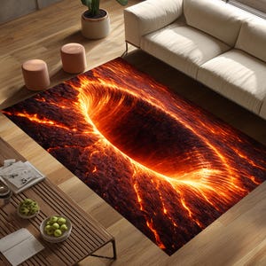 May include: A rectangular area rug with a fiery, lava-like design. The rug features a central vortex of bright orange and yellow, surrounded by a textured, dark brown surface. The design creates a dramatic, eye-catching effect, suitable for a living room.