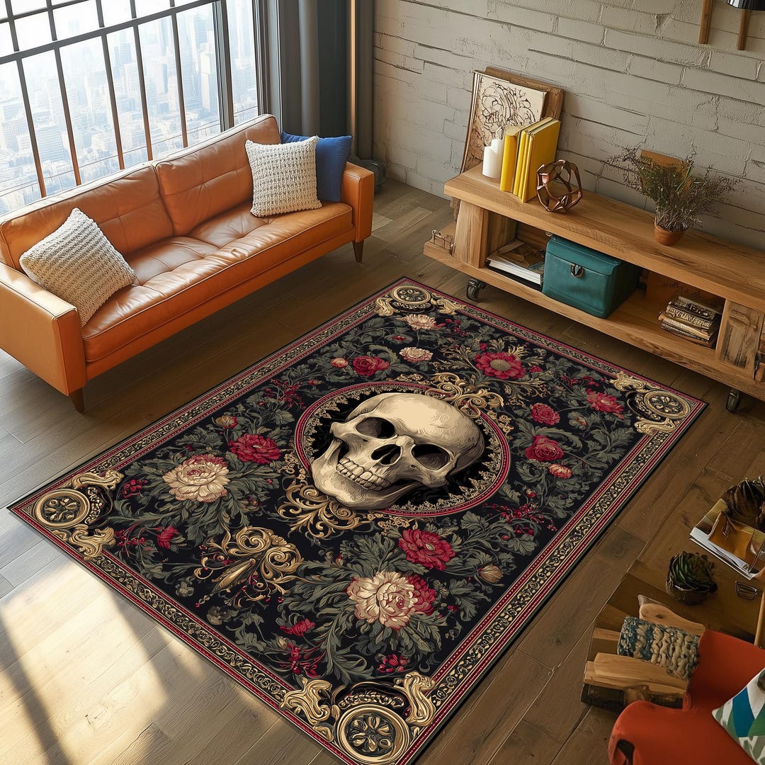 Gothic Skull Area Rug, Floral Baroque Ornament - Etsy