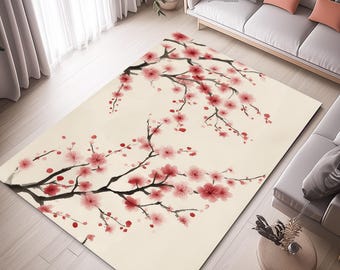 Watercolor Cherry Blossom Area Rug, Pink Floral Print