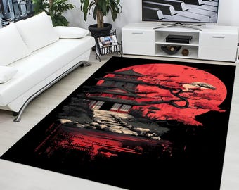 Red Sun Japanese Rug, Oriental Decor Carpet