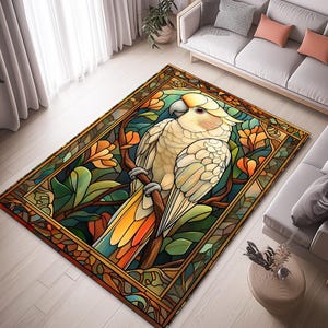 Cockatoo Rug, Stained Glass Rug, Bird Rug, Parrot Rug, Animal Rug, Exotic Rug, Parrot Pattern Rug, Cockatoo Design Rug, Colorful Bird Rug